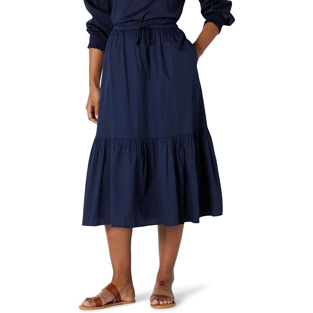 Amazon Essentials Womens Midi Skirt X-LARGE Navy Mid-Rise A-line Cotton Tiered